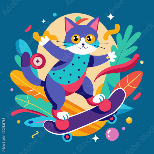 Cute Cat Skateboarding with Colorful Tropical Background