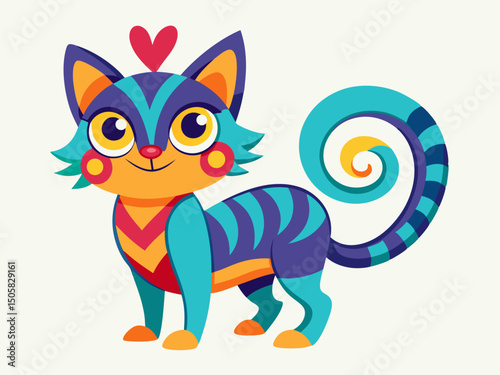 Cute Cartoon Cat with Swirling Tail Vibrant Colors