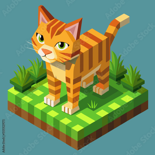 Cute Orange Tabby Cat in Low Poly Style on Grass