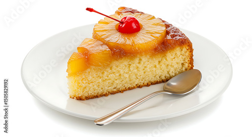 Wallpaper Mural Pineapple upside-down cake slice with caramelized pineapple ring and cherry topping, served on a round white plate with dessert spoon, isolated on white background, soft shadows Torontodigital.ca