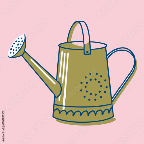 Olive Green Metal Watering Can Illustration