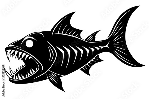 Aggressive Black and White Fish Illustration Fierce Predator Jaws