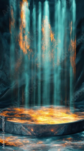 Stage glows beneath a teal waterfall with fire accents and reflections in a smoky background