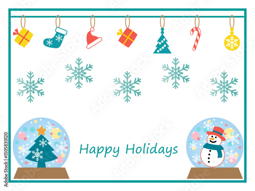 クリスマス■クリスマスツリーと雪だるまのスノードーム＆雪の結晶のクリスマスカード
