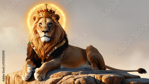 lion, Lion with Crown in Golden Light, Crowned Lion in Sunset Sky