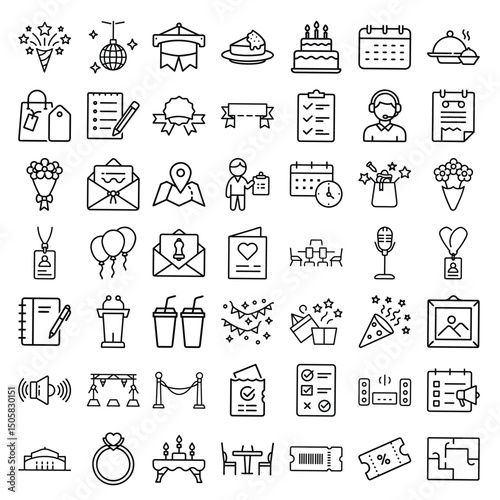 A line art icon set features party and event related symbols