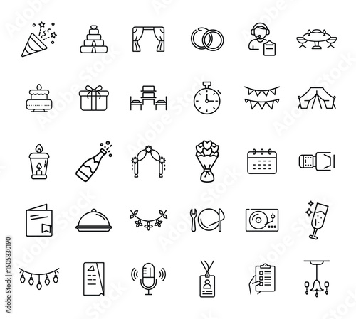 An arrangement of weddingrelated iconographic images on a plain white background