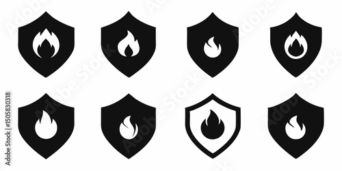Fiery shield design protective emblem with blazing flames