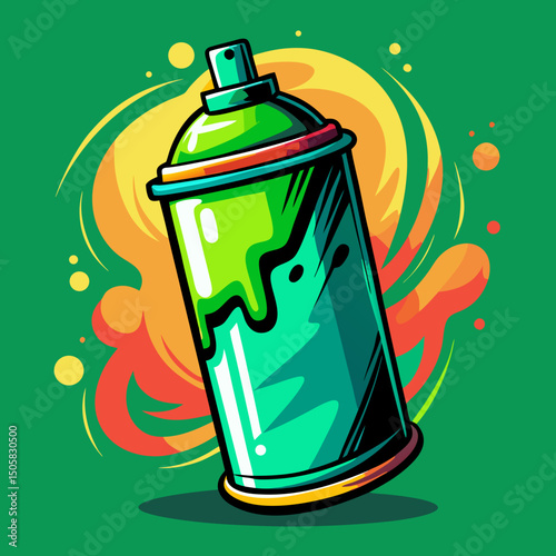 Vibrant Green Spray Paint Can with Dripping Paint and Abstract Background
