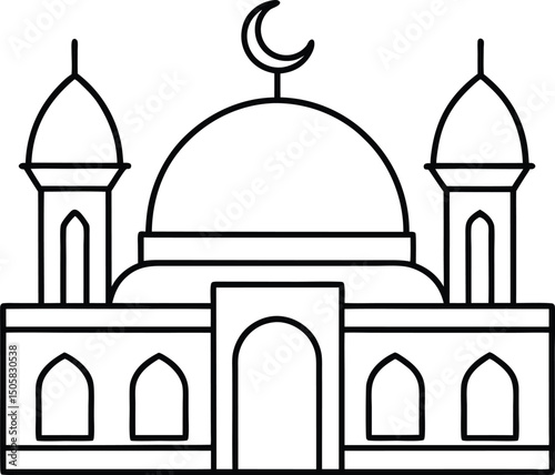 Islamic Mosque Line Art with Central Dome and Twin Minarets in Black and White
