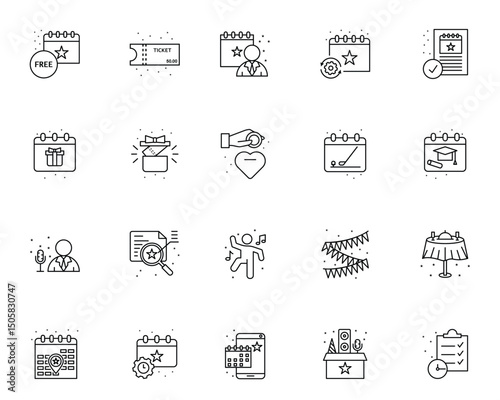Vector icons depicting events including calendars tickets gifts golf graduation music party decor and checklists