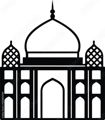 Silhouette of Islamic Architectural Landmark Featuring Large Dome in Black and White
