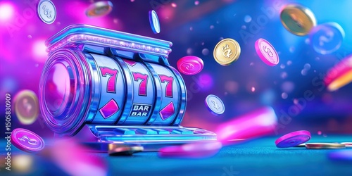 A casino slot machine display with spinning reels and flying coins in a neon-lit setting.