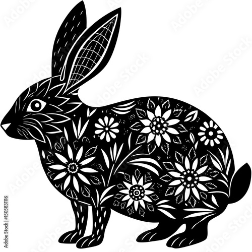 Ornate Black and White Floral Rabbit Illustration
