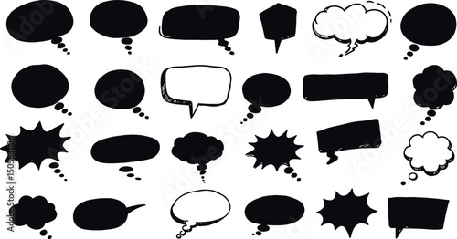 Various black and white speech and thought bubbles in different shapes