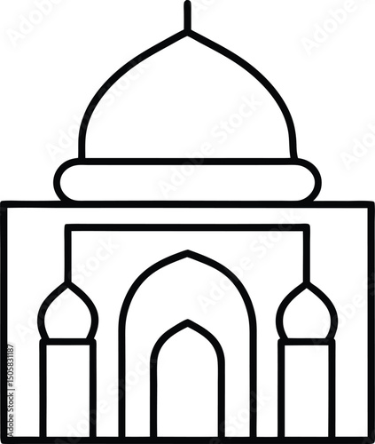 Minimal Line Drawing of Taj Mahal Monument with Symmetrical Dome and Arches