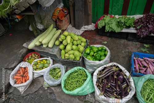 Various vegetables are being sold at market, Darjeeling, West Bengal, India.