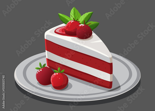 Delicious red velvet cake slice with strawberries