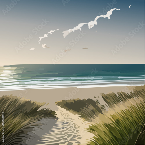 Sandy path leading through beach grass to ocean at sunset