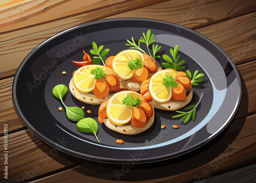 Delicious seafood appetizer on dark plate