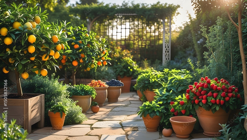 Obraz premium Well-Maintained Garden Featuring Large Pots and Barrels