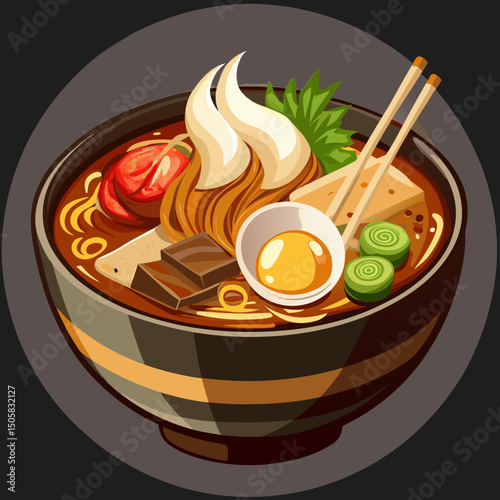 Delicious bowl of ramen noodles with egg and tofu