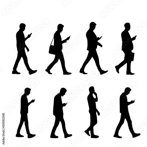 Man walking while using a smartphone silhouettes illustration set Pro Vector