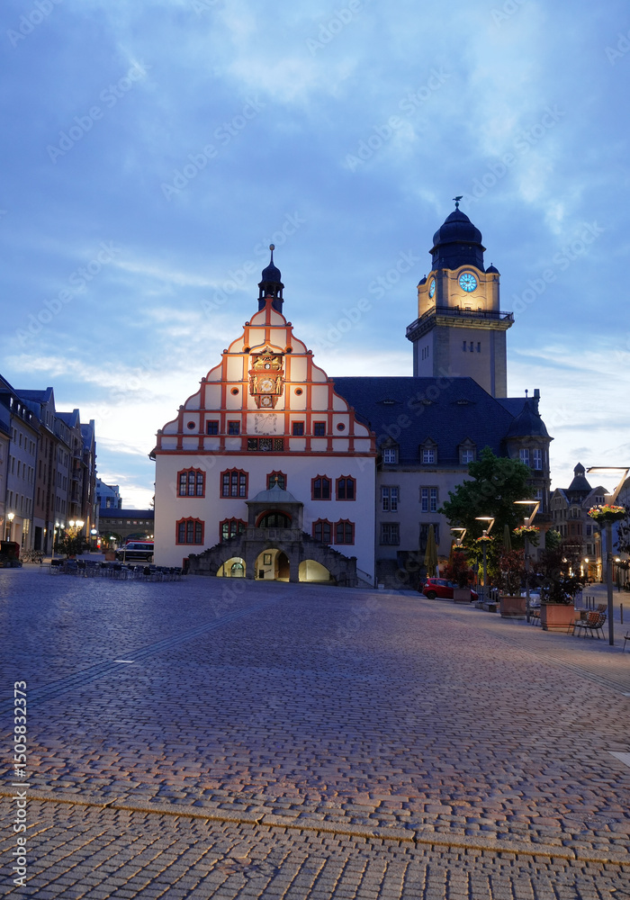 Obraz premium Plauen, Germany Market square with historical town hall and illuminated tower