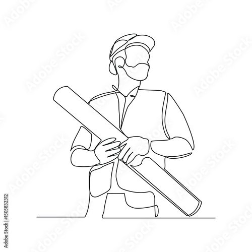 Continuous line drawing of construction worker holding blue print paper and note. One single line of architect holding design paper of building. Vector illustration sketch editable stroke