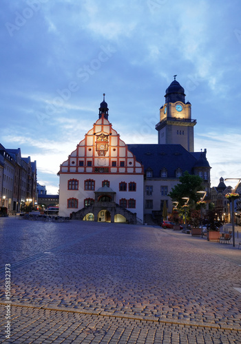 Plauen, Germany Market square with historical town hall and illuminated tower