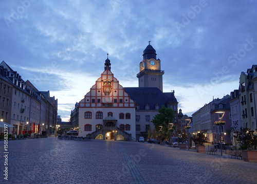 Plauen, Germany, Market square and town hall illuminated at the evening