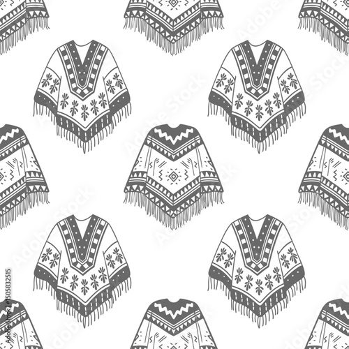 Hand drawn ponchos pattern. Latin american clothing background. Spanish ethnic woolen clothes. Sketch.