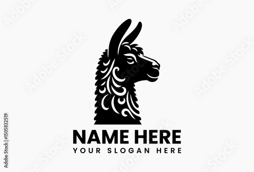 Minimalist black and white llama head vector logo with decorative fur patterns isolated on plain background