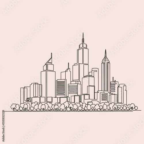 Vector art of Modern city skyline with tall buildings and trees in a minimalist line art style on a light pink background, creating a simple yet elegant urban landscape illustration