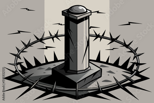 Stone pillar surrounded by barbed wire