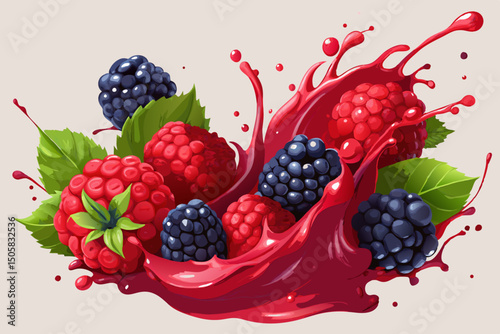 Raspberries and blackberries in a juice splash