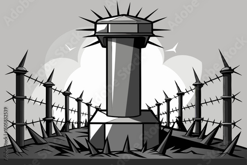 Spiked tower and barbed wire fence illustration