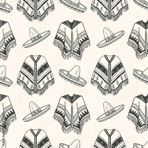 Hand drawn Mexican Ponchos and Sombreros pattern. Latin american clothing background. Spanish ethnic woolen clothes. Sketch.