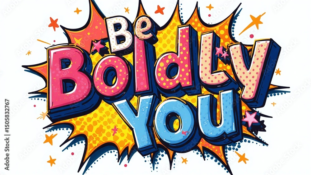 Fototapeta premium Vibrant Bold Typography 'Be Boldly You' Comic Book Style Text Graphic for Marketing Campaigns and Social Media Ads with Colorful Explosion Background