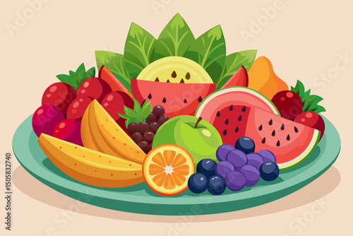 Assorted fresh fruit platter on teal plate
