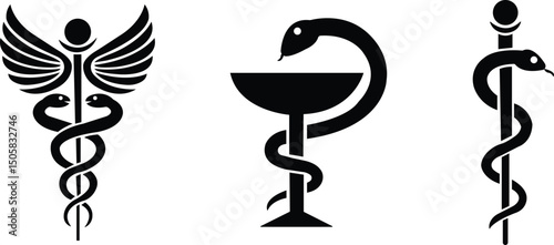 Medical caduceus icons set. Pharmacy and healthcare snake collection in flat style. Rod of Asclepius. Snake and stick with wings. Medicine logo. Vector illustration.