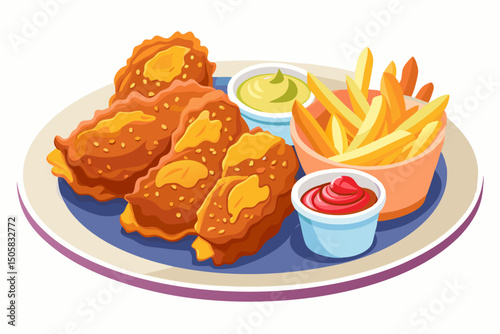 Crispy chicken wings with fries and dipping sauces