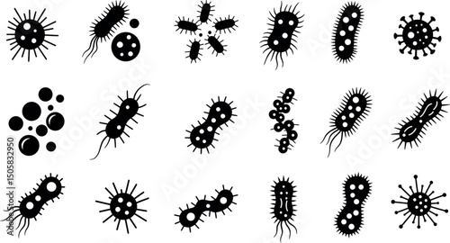 Black and white bacteria and virus icons collection