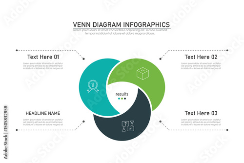 Venn diagram infographic chart template for business 3,  parts, options, presentation with venn diagram elements vector illustration.
