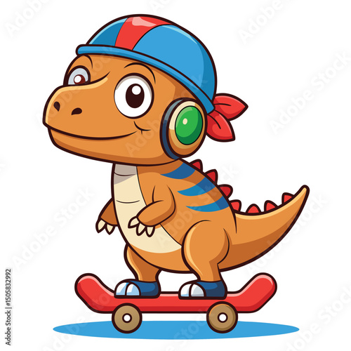 Adorable cartoon dinosaur character enjoying a ride on a red skateboard against white background