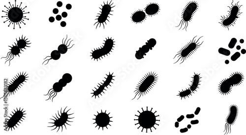 Collection of diverse bacteria and virus silhouettes