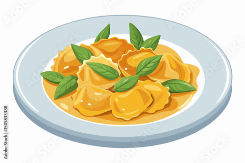 Delicious ravioli with creamy sauce and basil