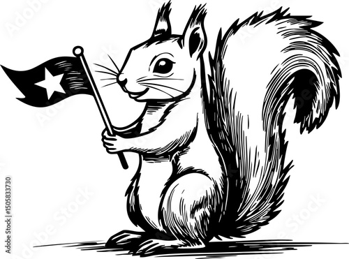 Squirrel waves flag forest clearing whimsical close-up celebratory spirit