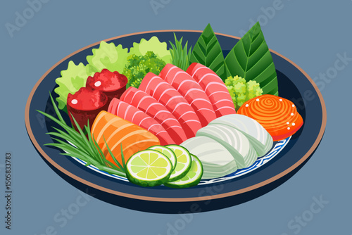 Delicious sashimi platter with assorted fish and vegetables