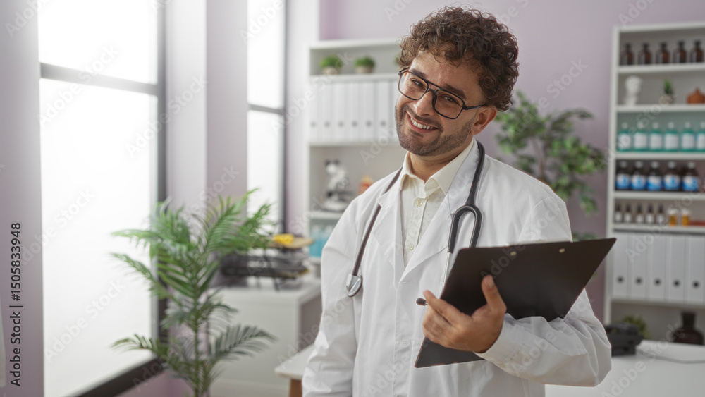 Fototapeta premium Handsome hispanic male doctor smiling in clinic room holding clipboard at workplace with bright windows and healthcare equipment in background
